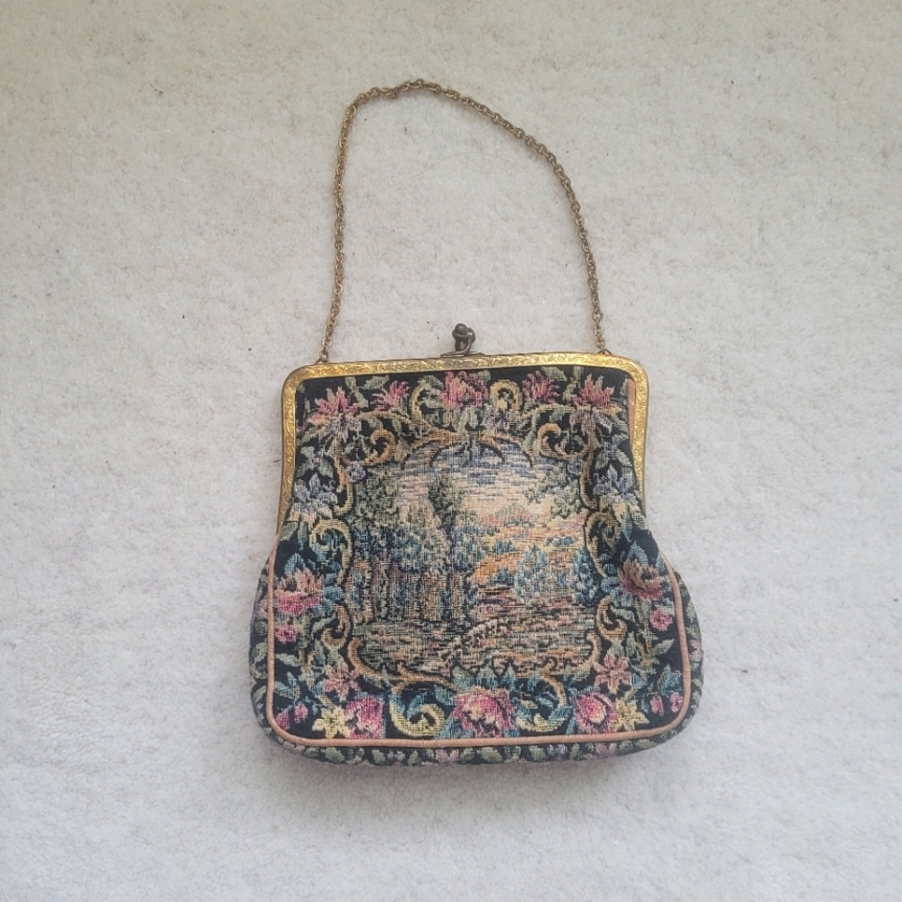 Antique Boho Tapestry Clutch Purse with Gold Clasp and Chain